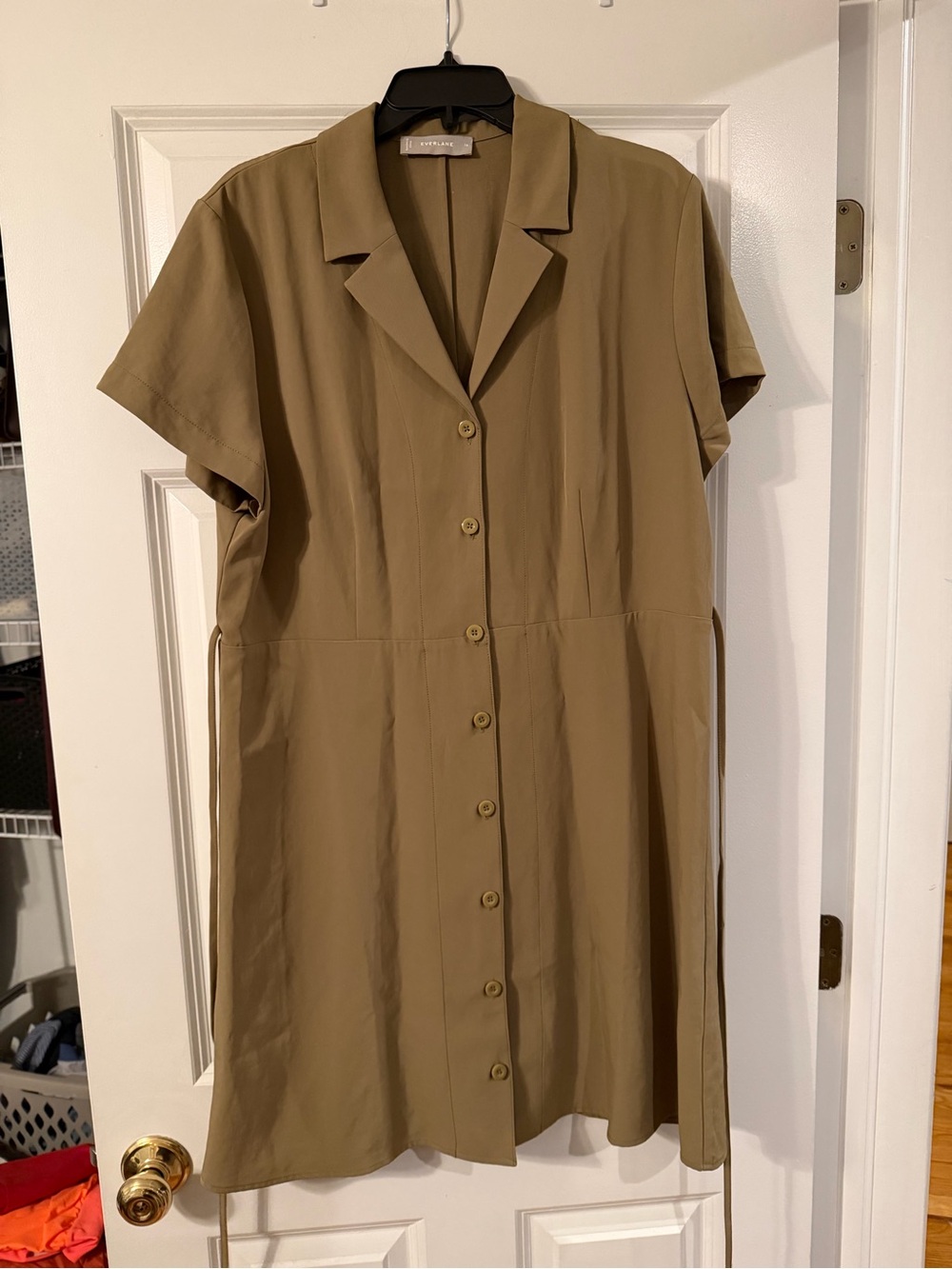 Everlane Short-Sleeve Button-Front Midi Dress in Olive